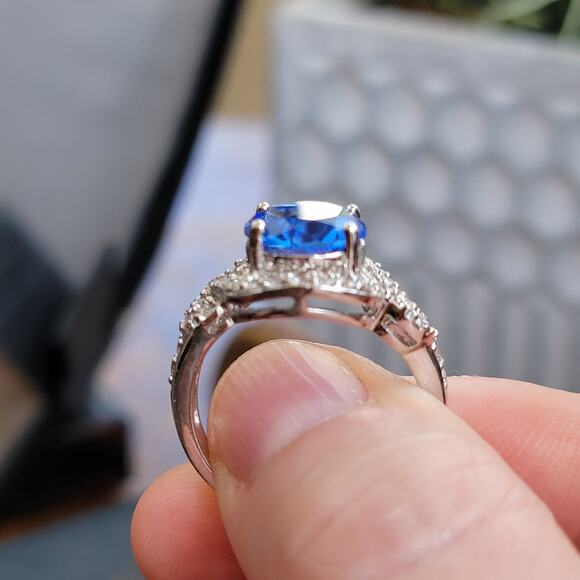 Rhodium Plated Simulated Blue Sapphire Ring - Elegant Statement - Size 10 - Picture 6 of 10